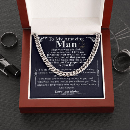 Gifts for Husband Boyfriend Curb Link Chain Necklace, Christmas Anniversary Birthday Gift To My Man, Couples Present Message Card Box alpha