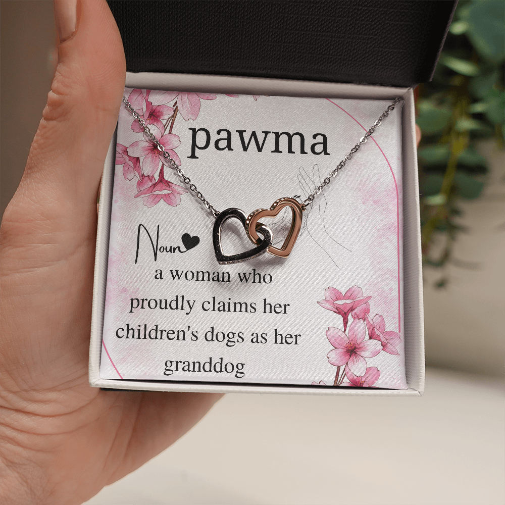 Meaningful Jewelry Gift Interlocking Heart Necklace for grandma from dog with card, Jewelry for dog grandma, funny dog grandma gift on mother day with personalized card