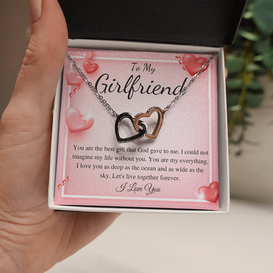 MJG Gift For Beautiful Girlfriend Interlocking Heart Necklace Valentines Day Gift For Her From Boyfriend Present For Girlfriend On Birthday Day Stainless Steel Box Chain Necklace with Message Card Romantic Valentine's Gift