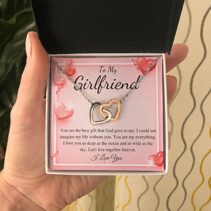 MJG Gift For Beautiful Girlfriend Interlocking Heart Necklace Valentines Day Gift For Her From Boyfriend Present For Girlfriend On Birthday Day Stainless Steel Box Chain Necklace with Message Card Romantic Valentine's Gift
