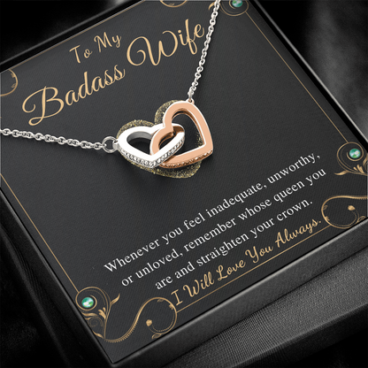 To My Badass Wife Interlocking Heart Necklace Gift from Husband Wife Birthday Valentines Day Gift For Wife Soulmate Necklace Gift Set