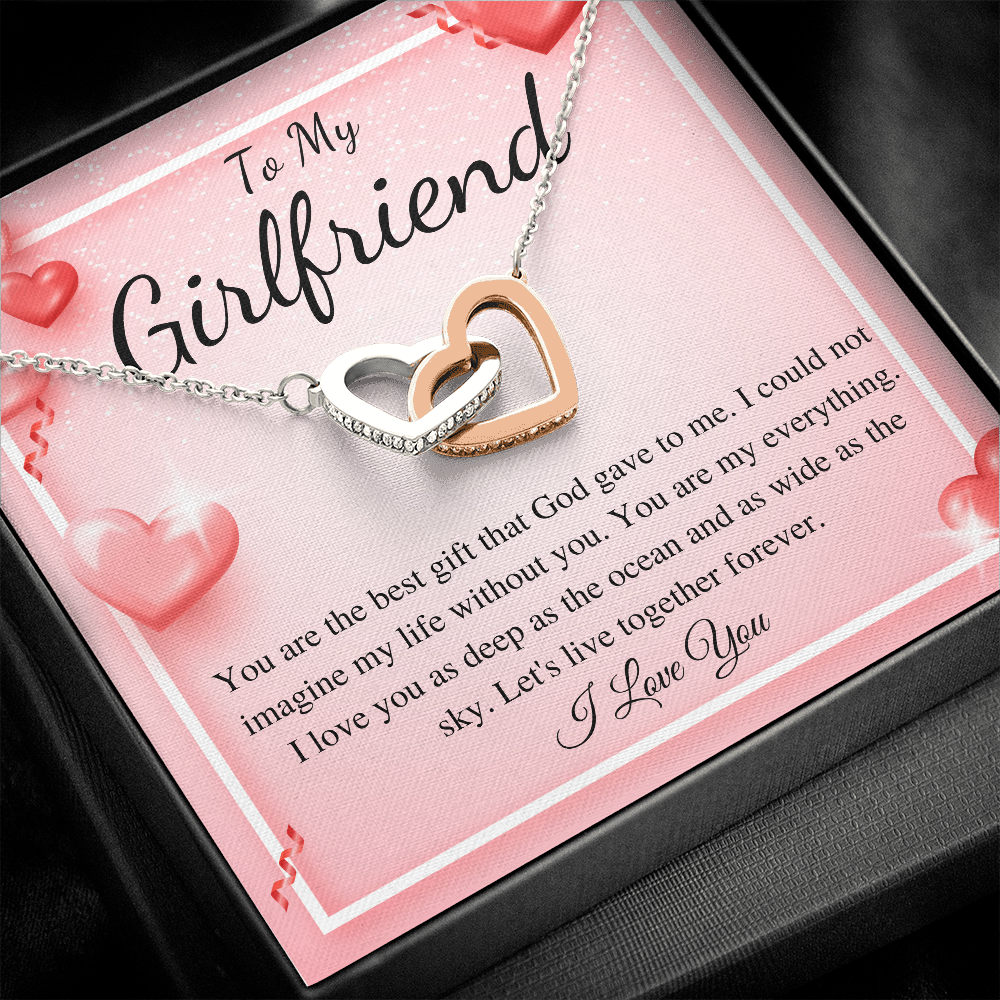 MJG Gift For Beautiful Girlfriend Interlocking Heart Necklace Valentines Day Gift For Her From Boyfriend Present For Girlfriend On Birthday Day Stainless Steel Box Chain Necklace with Message Card Romantic Valentine's Gift