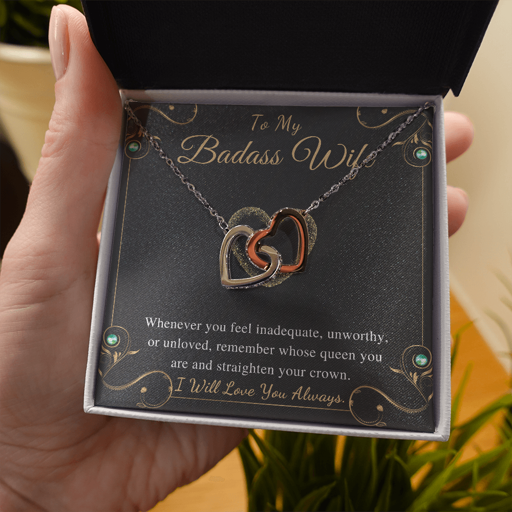 To My Badass Wife Interlocking Heart Necklace Gift from Husband Wife Birthday Valentines Day Gift For Wife Soulmate Necklace Gift Set