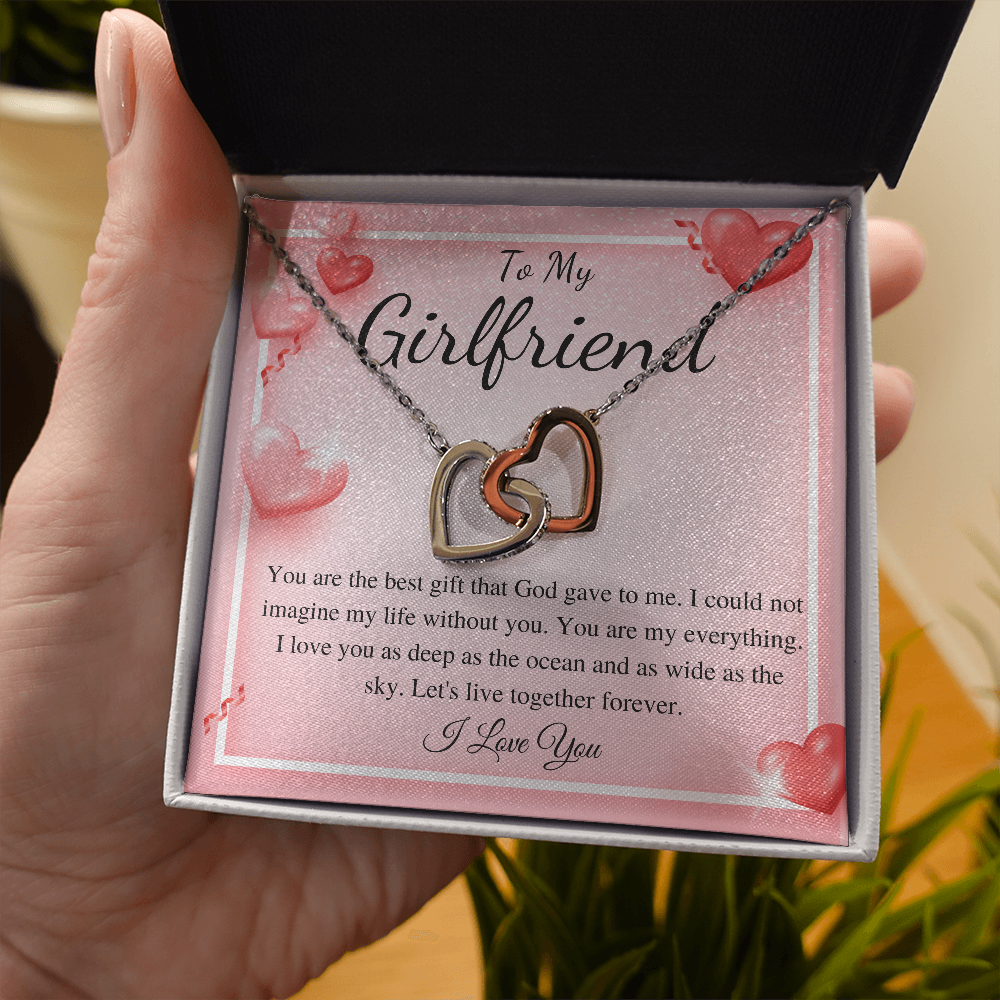 MJG Gift For Beautiful Girlfriend Interlocking Heart Necklace Valentines Day Gift For Her From Boyfriend Present For Girlfriend On Birthday Day Stainless Steel Box Chain Necklace with Message Card Romantic Valentine's Gift