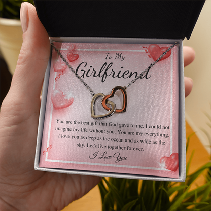 MJG Gift For Beautiful Girlfriend Interlocking Heart Necklace Valentines Day Gift For Her From Boyfriend Present For Girlfriend On Birthday Day Stainless Steel Box Chain Necklace with Message Card Romantic Valentine's Gift