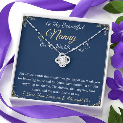 Love knot Necklace Gift for Nanny on my wedding Day from bride , Necklace for nanny from daughter in law with message card