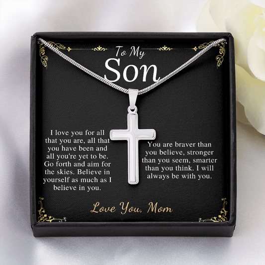 MJG Cross Necklace Gift For Son Valentines Day Gift For Him From Mom To My Son Graduation Present Stainless Steel Snack Chain Cross Necklace with Message Card