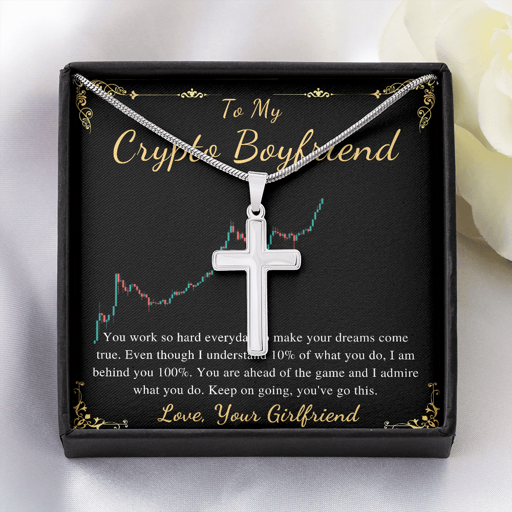 MJG Cross Necklace Gift For Crypto Boyfriend Valentines Day Gift For Him From Girlfriend To My Boyfriend Bitcoin Cryptocurrency Present Stainless Steel Snack Chain Cross Necklace with Message Card