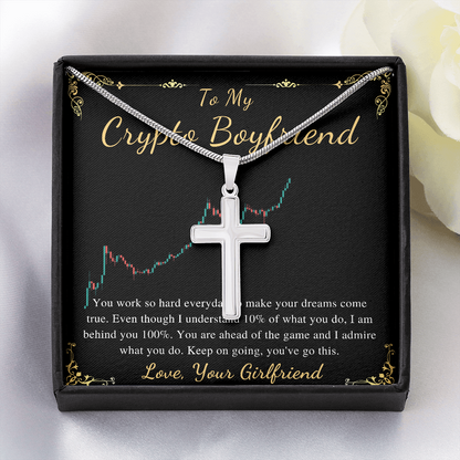 MJG Cross Necklace Gift For Crypto Boyfriend Valentines Day Gift For Him From Girlfriend To My Boyfriend Bitcoin Cryptocurrency Present Stainless Steel Snack Chain Cross Necklace with Message Card