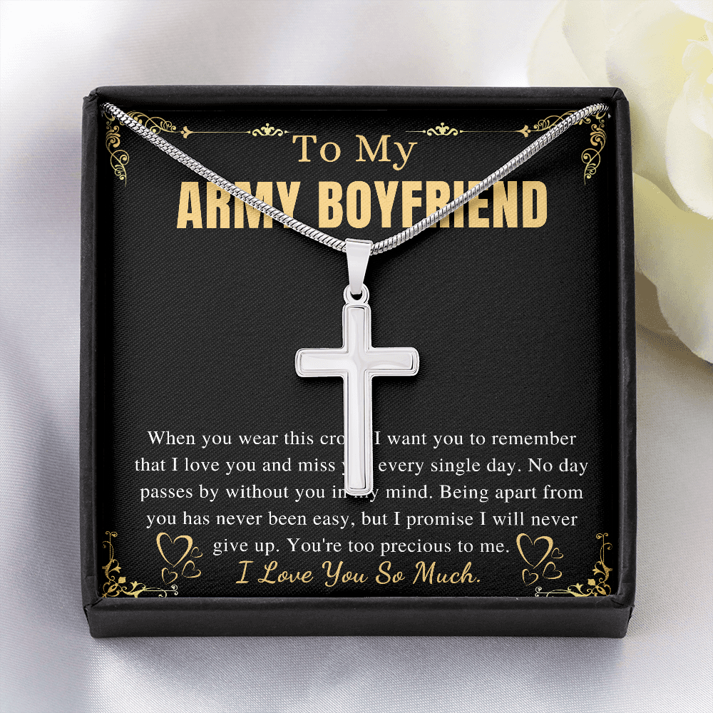 MJG Cross Necklace Gift For Army Boyfriend Valentines Day Gift For Him From Girlfriend To My Military Boyfriend Present On Anniversary & Birthday Stainless Steel Snake Chain Cross Necklace with Message Card