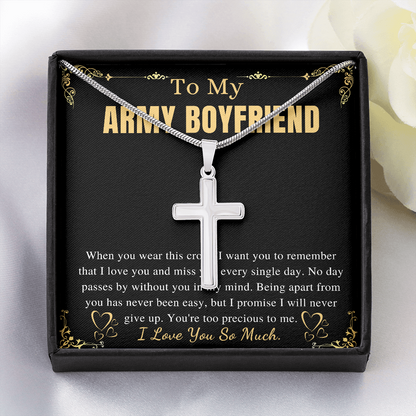 MJG Cross Necklace Gift For Army Boyfriend Valentines Day Gift For Him From Girlfriend To My Military Boyfriend Present On Anniversary & Birthday Stainless Steel Snake Chain Cross Necklace with Message Card