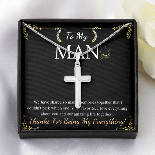 MJG To My Man Cross Necklace Gift For Boyfriend / Husband Valentines Day Gift For Him From Girlfriend BF Present On Anniversary & Birthday Stainless Steel Snake Chain Cross Necklace with Message Card