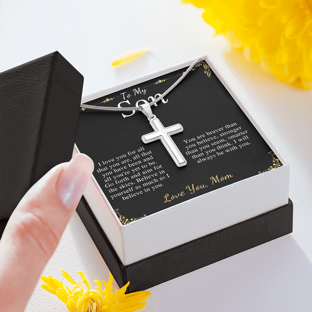 MJG Cross Necklace Gift For Son Valentines Day Gift For Him From Mom To My Son Graduation Present Stainless Steel Snack Chain Cross Necklace with Message Card