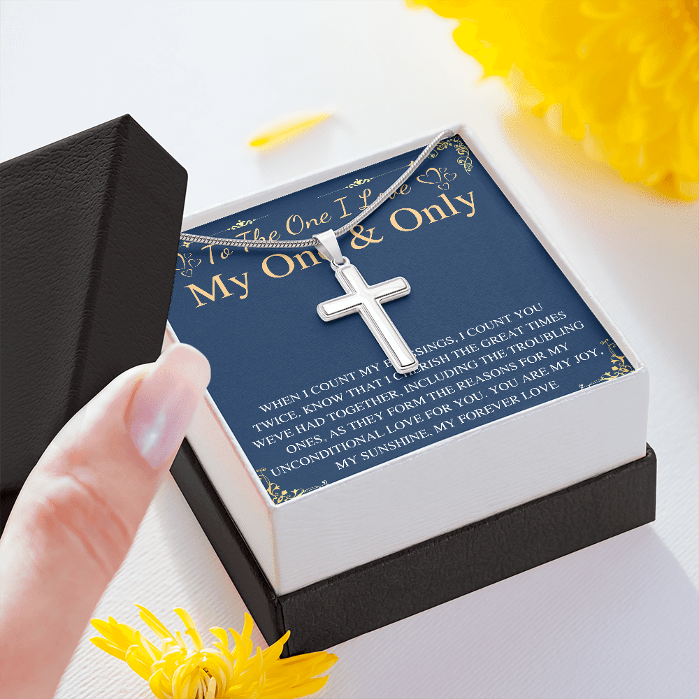 MJG Cross Necklace Gift For Boyfriend / Husband Valentines Day Gift For Him From Girlfriend To My One & Only BF Present On Anniversary & Birthday Stainless Steel Snake Chain Cross Necklace with Message Card