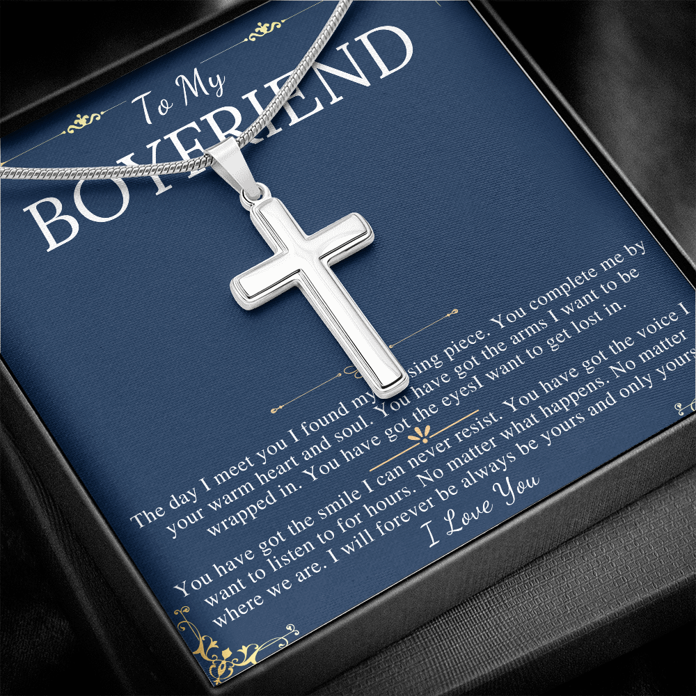 MJG Cross Necklace Gift For Boyfriend Valentines Day Gift For Him From Girlfriend To My Man Present Stainless Steel Snack Chain Cross Necklace with Message Card