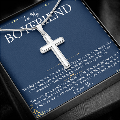 MJG Cross Necklace Gift For Boyfriend Valentines Day Gift For Him From Girlfriend To My Man Present Stainless Steel Snack Chain Cross Necklace with Message Card