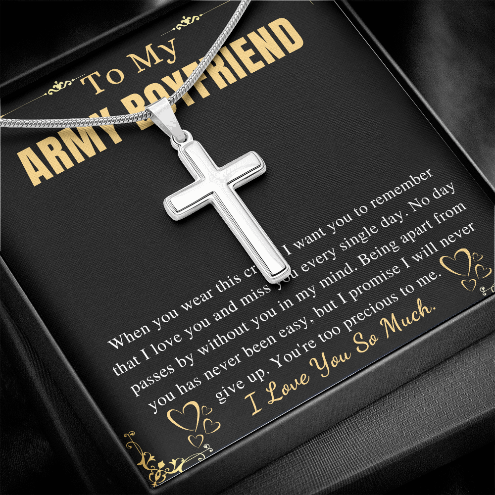 MJG Cross Necklace Gift For Army Boyfriend Valentines Day Gift For Him From Girlfriend To My Military Boyfriend Present On Anniversary & Birthday Stainless Steel Snake Chain Cross Necklace with Message Card