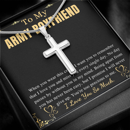 MJG Cross Necklace Gift For Army Boyfriend Valentines Day Gift For Him From Girlfriend To My Military Boyfriend Present On Anniversary & Birthday Stainless Steel Snake Chain Cross Necklace with Message Card