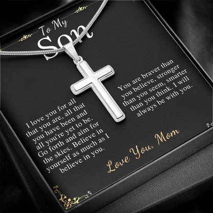 MJG Cross Necklace Gift For Son Valentines Day Gift For Him From Mom To My Son Graduation Present Stainless Steel Snack Chain Cross Necklace with Message Card