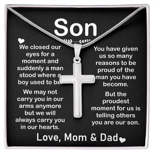 son love mom and dad cross necklace