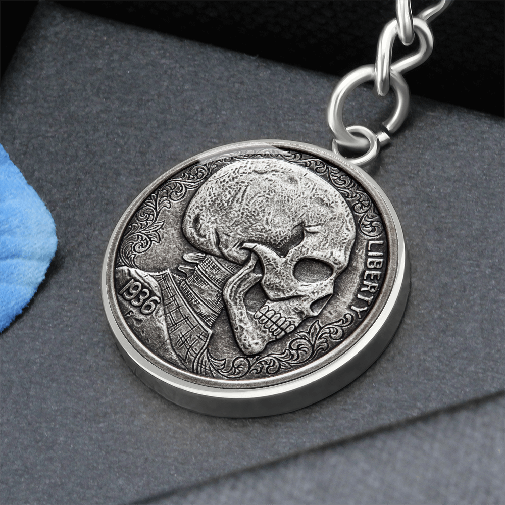 Skull Keychain, Vintage Skull Keychain, Skull Coin Design Keyring, Personalized Skull Keychain, Custom Devil Key Chain, Stamped Skull #0925