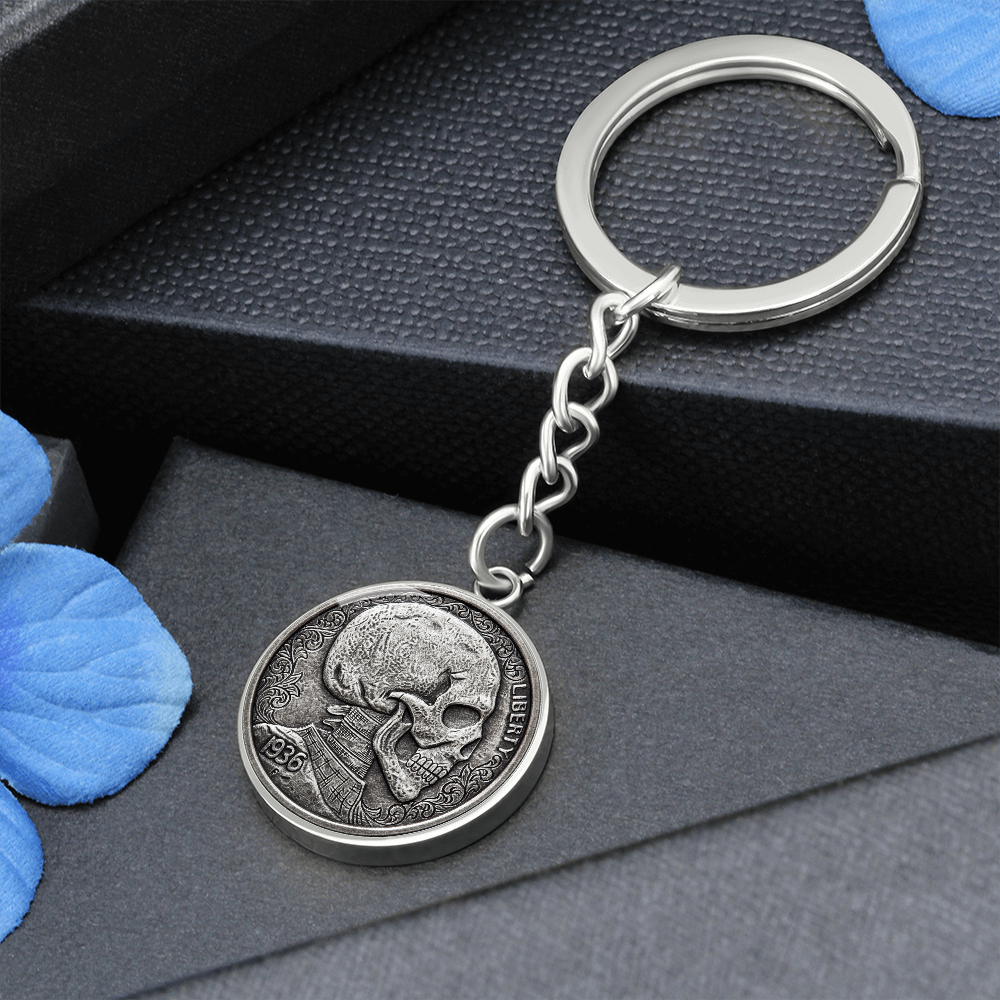 Skull Keychain, Vintage Skull Keychain, Skull Coin Design Keyring, Personalized Skull Keychain, Custom Devil Key Chain, Stamped Skull #0925