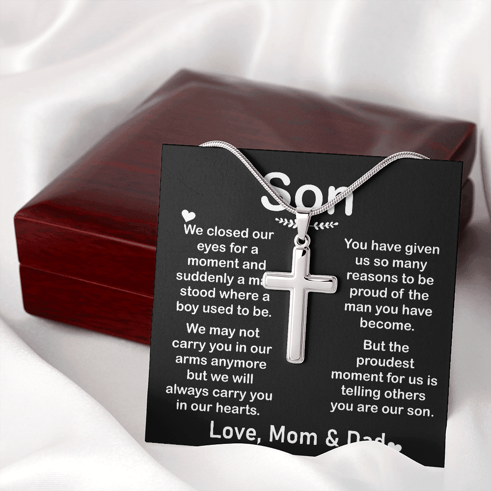 son love mom and dad cross necklace