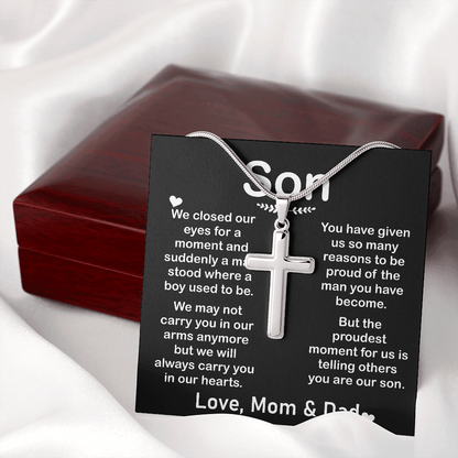 son love mom and dad cross necklace