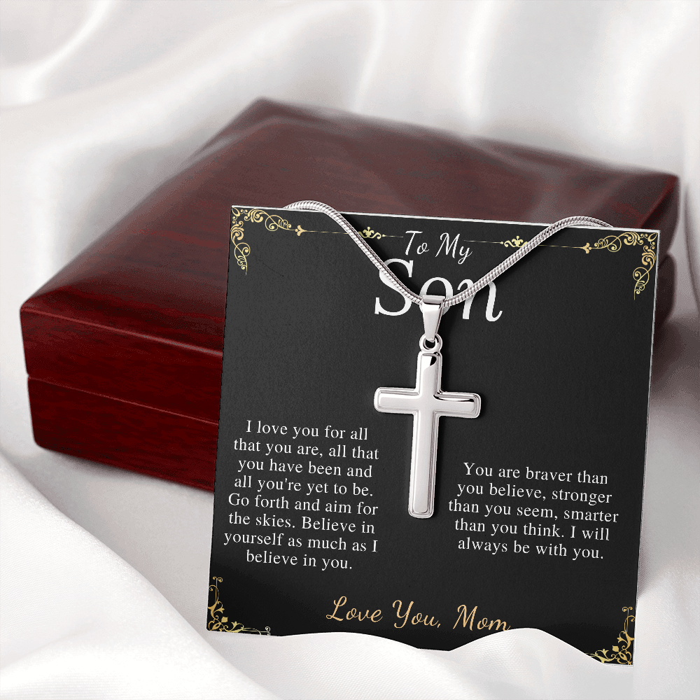 MJG Cross Necklace Gift For Son Valentines Day Gift For Him From Mom To My Son Graduation Present Stainless Steel Snack Chain Cross Necklace with Message Card