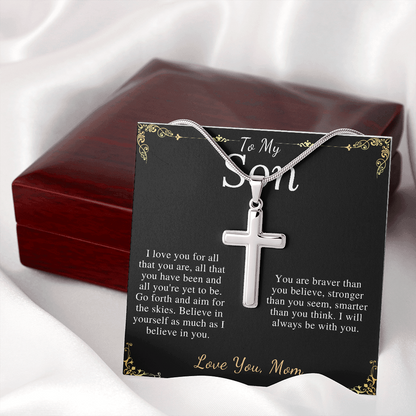 MJG Cross Necklace Gift For Son Valentines Day Gift For Him From Mom To My Son Graduation Present Stainless Steel Snack Chain Cross Necklace with Message Card