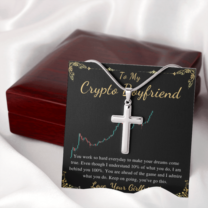 MJG Cross Necklace Gift For Crypto Boyfriend Valentines Day Gift For Him From Girlfriend To My Boyfriend Bitcoin Cryptocurrency Present Stainless Steel Snack Chain Cross Necklace with Message Card