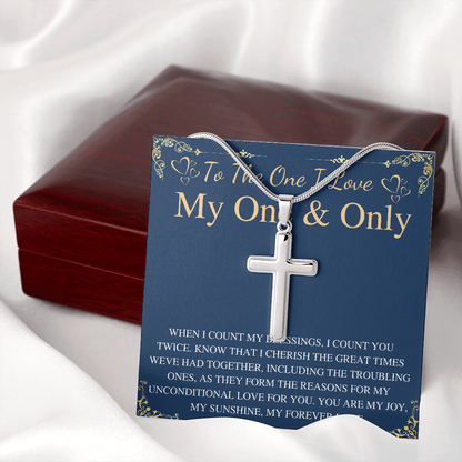 MJG Cross Necklace Gift For Boyfriend / Husband Valentines Day Gift For Him From Girlfriend To My One & Only BF Present On Anniversary & Birthday Stainless Steel Snake Chain Cross Necklace with Message Card