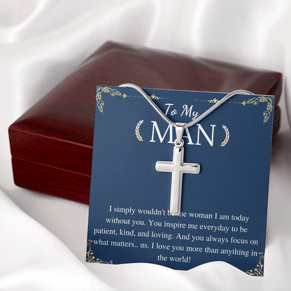 MJG Cross Necklace Gift For Boyfriend / Husband Valentines Day Gift For Him From Girlfriend To My Man Present On Anniversary & Birthday Stainless Steel Snake Chain Cross Necklace with Message Card