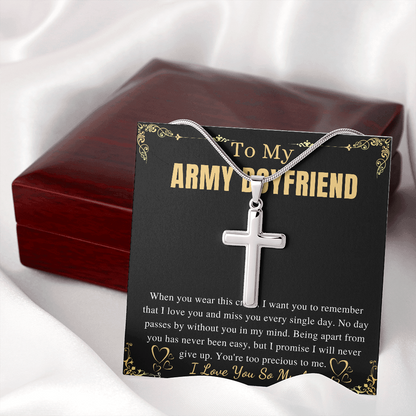 MJG Cross Necklace Gift For Army Boyfriend Valentines Day Gift For Him From Girlfriend To My Military Boyfriend Present On Anniversary & Birthday Stainless Steel Snake Chain Cross Necklace with Message Card