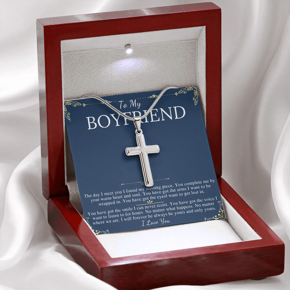 MJG Cross Necklace Gift For Boyfriend Valentines Day Gift For Him From Girlfriend To My Man Present Stainless Steel Snack Chain Cross Necklace with Message Card