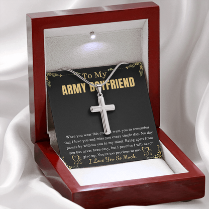 MJG Cross Necklace Gift For Army Boyfriend Valentines Day Gift For Him From Girlfriend To My Military Boyfriend Present On Anniversary & Birthday Stainless Steel Snake Chain Cross Necklace with Message Card