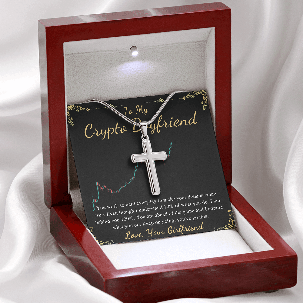 MJG Cross Necklace Gift For Crypto Boyfriend Valentines Day Gift For Him From Girlfriend To My Boyfriend Bitcoin Cryptocurrency Present Stainless Steel Snack Chain Cross Necklace with Message Card