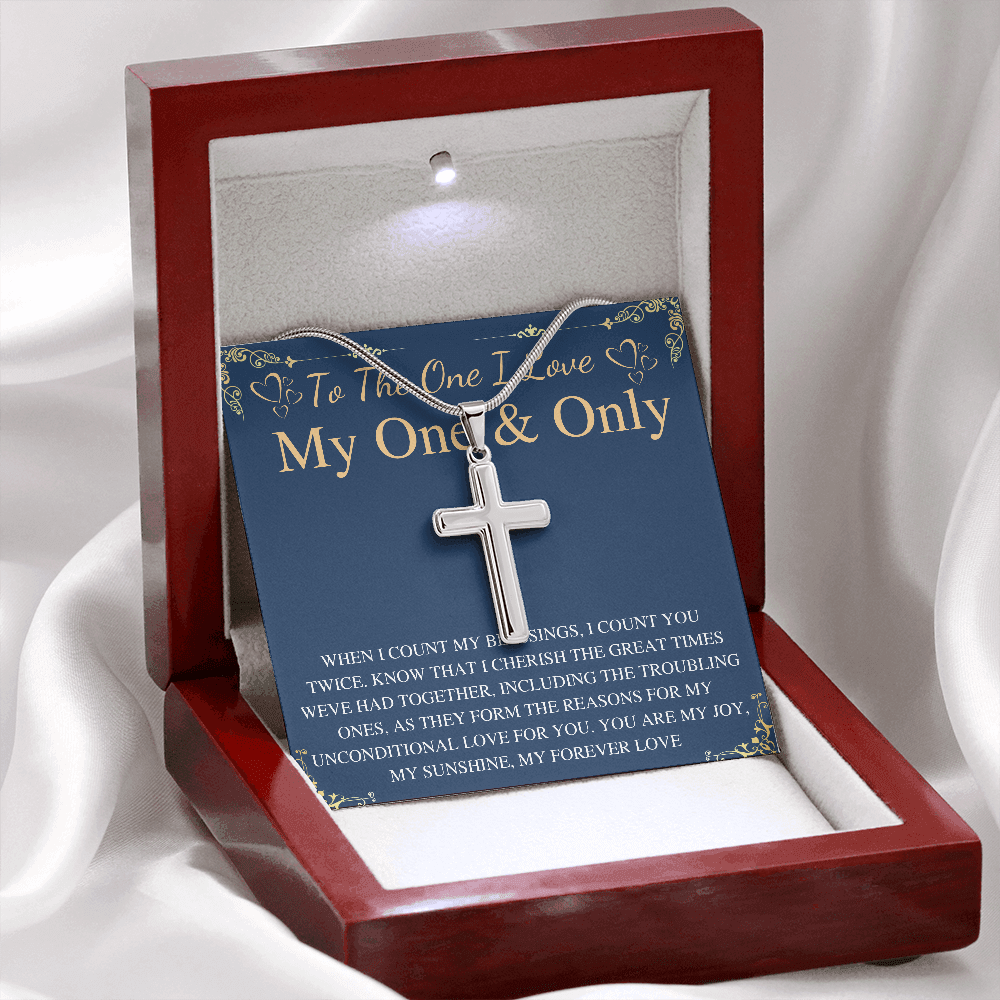 MJG Cross Necklace Gift For Boyfriend / Husband Valentines Day Gift For Him From Girlfriend To My One & Only BF Present On Anniversary & Birthday Stainless Steel Snake Chain Cross Necklace with Message Card