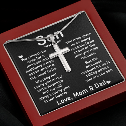 son love mom and dad cross necklace