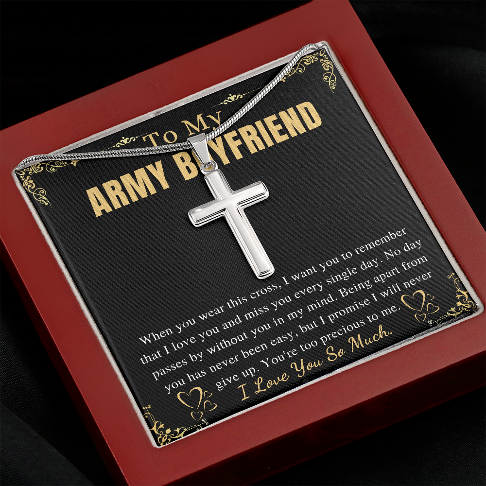 MJG Cross Necklace Gift For Army Boyfriend Valentines Day Gift For Him From Girlfriend To My Military Boyfriend Present On Anniversary & Birthday Stainless Steel Snake Chain Cross Necklace with Message Card