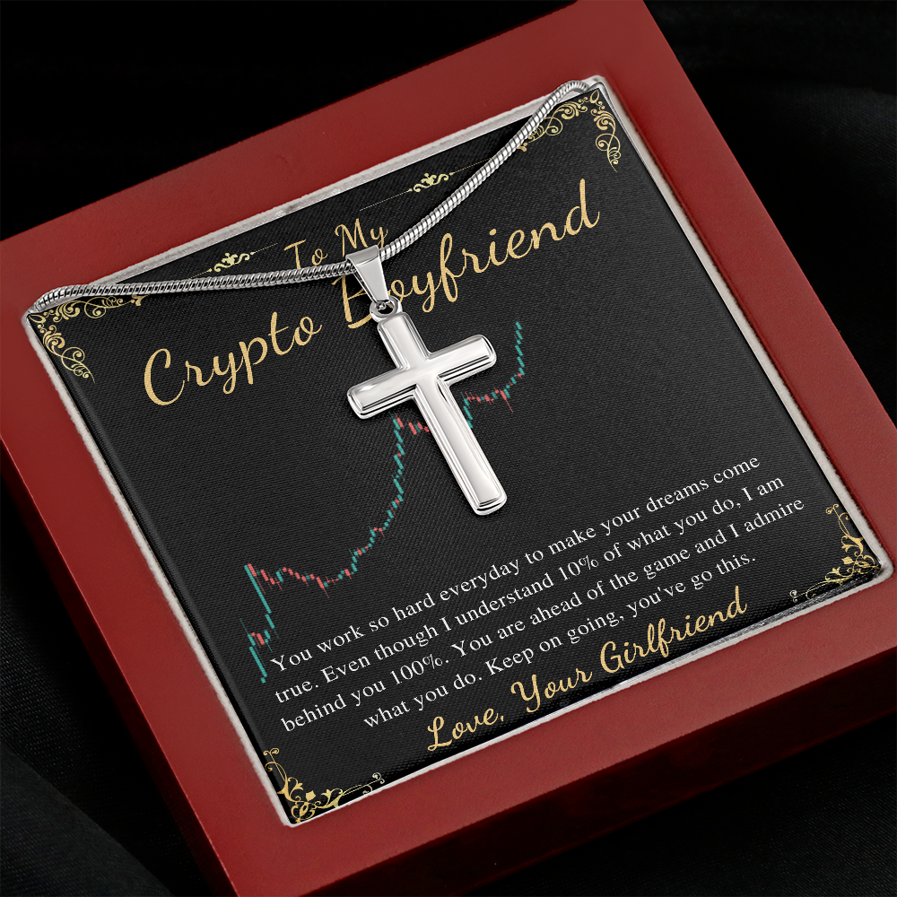 MJG Cross Necklace Gift For Crypto Boyfriend Valentines Day Gift For Him From Girlfriend To My Boyfriend Bitcoin Cryptocurrency Present Stainless Steel Snack Chain Cross Necklace with Message Card