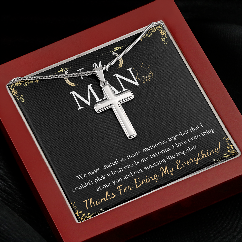 MJG To My Man Cross Necklace Gift For Boyfriend / Husband Valentines Day Gift For Him From Girlfriend BF Present On Anniversary & Birthday Stainless Steel Snake Chain Cross Necklace with Message Card